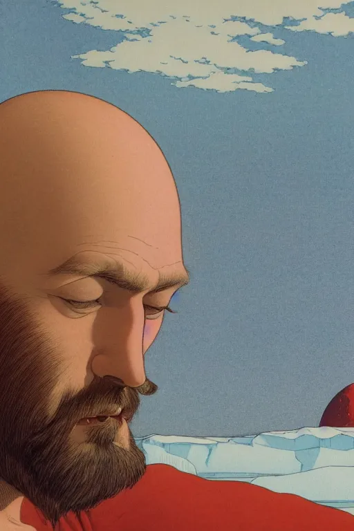 Image similar to a colorful closeup portrait of a young bald man with a very long wild beard dreaming psychedelic hallucinations in the vast icy landscape of antarctica, by kawase hasui, moebius and edward hopper, colorful flat surreal design, hd, 8 k, artstation