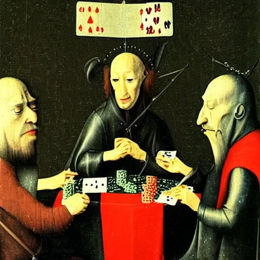 Prompt: priests playing poker, by hieronymous bosch