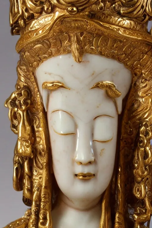 Image similar to mnemosine goddess statue sculpted in polished chinese porcelain with gold foils covering his head, made by antonio corradini, ultrarealistic, detailed, 8 k