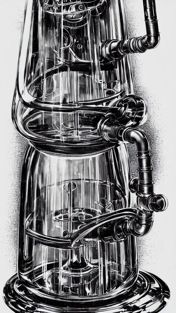 Prompt: simple biomechanical expensive glass bubbler percolator water bong, two point perspective, furniture, high details, bold line art, by vincent di fate and joe fenton, inking, etching, screen print, masterpiece, trending on artstation, sharp, high contrast, hyper - detailed,, hd, 4 k, 8 k