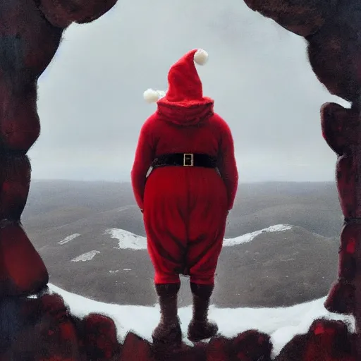 Image similar to Portrait Portrait of Santa Claus the Rotund Elf emerging from his signature red outfit whilst standing atop volcano greg rutkowski dan witz paul klee andrew wyeth tom bagshaw stanton feng bastien lecouffe-deharme tombow oil painting