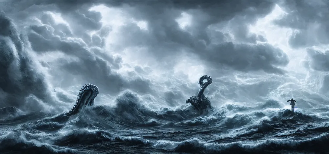 Image similar to wild ocean storm during the day, a giant kraken emerging from water, dramatic lighting, cinematic, establishing shot, extremly high detail, foto realistic, cinematic lighting, post processed, concept art, artstation, matte painting, style by eddie mendoza, raphael lacoste, alex ross