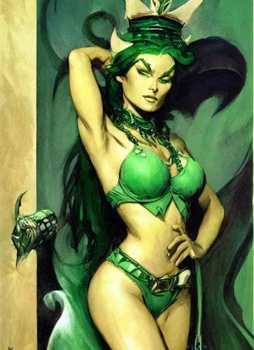 Prompt: mighty plump female necromancer sorceress, green tiara, strong line, muted color, beautiful! coherent! by frank frazetta, by brom