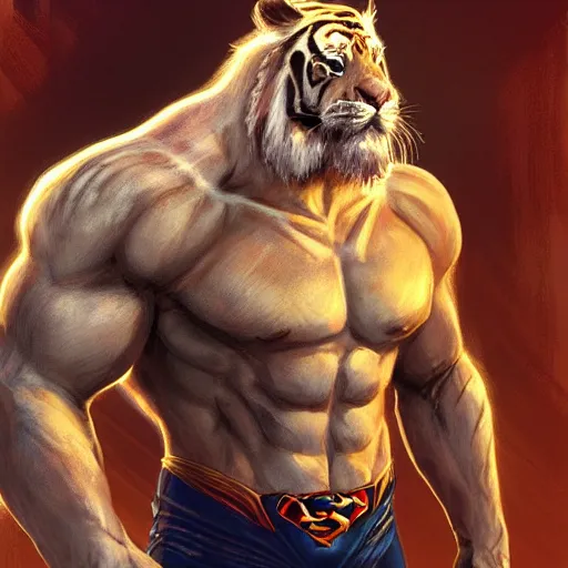 Image similar to a esthetic portrait commission of a muscular antrho albino tiger wearing the superman outfit,hyperdetailed face,character design by charlie bowater,ross tran,artgerm,makoto shibkai,photorealistic,western comic book art,film poster,deviantart,artstation