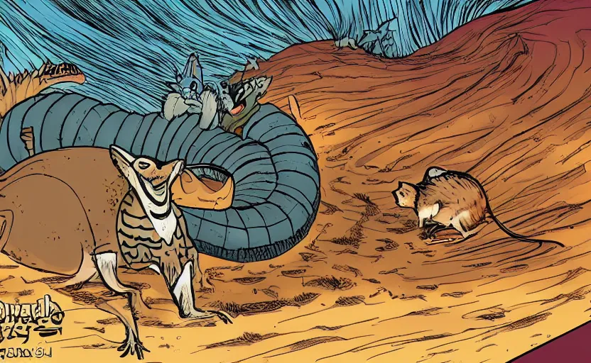 Prompt: incredible eye catching comic panel showing a desert mouse riding a sandworm of the deep desert