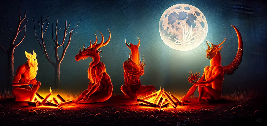 Image similar to strange mythical beasts of sitting around a fire under a full moon, surreal dark uncanny painting by ronny khalil