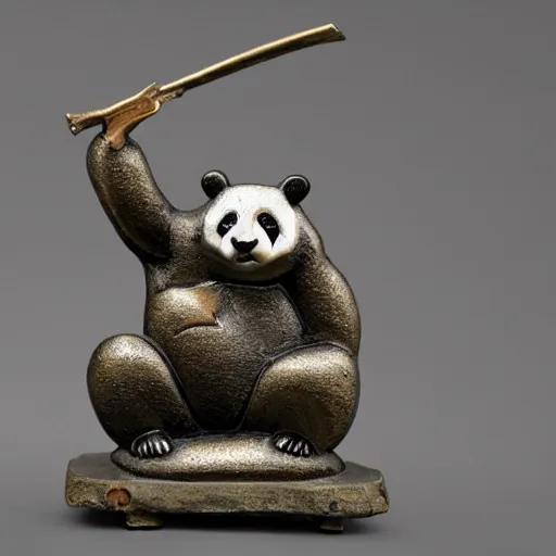 Prompt: Metalwork of a Panda practing karate, medieval art, fragmented metal medieval sculpture of a penguim