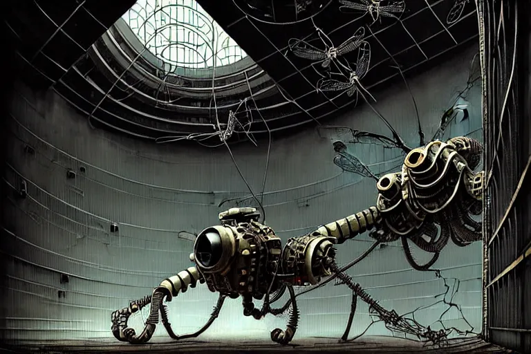 Image similar to dieselpunk huge robotic dragonfly, inside an gigantic underground concrete doom hangar, interior structure, drains, storm drains, jungle, vines, algea, cables, panels, walls, ceiling, floor, doors, brutalist architecture, intricate ink drawing, highly detailed in the style of Ashley Wood, moebius and Tsutomu Nihei, photorealistic, cinematic, intricate detail, well lit,