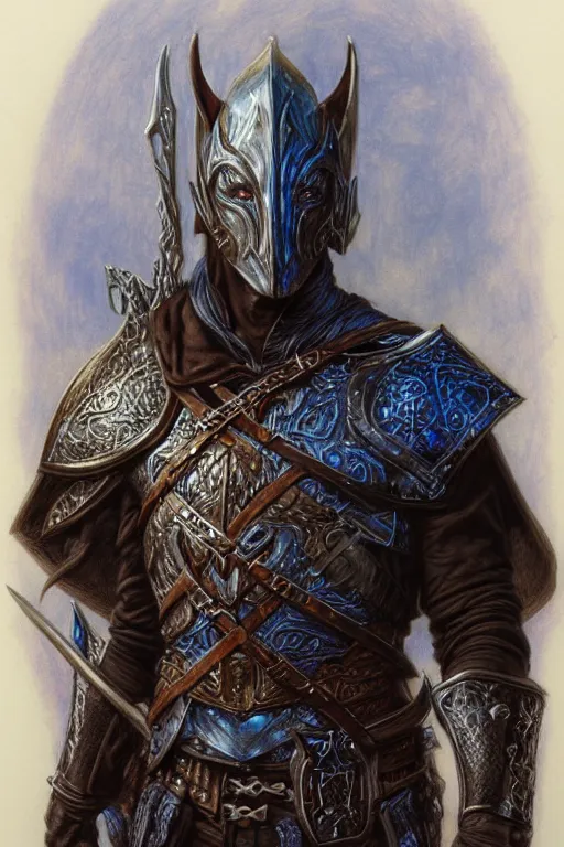 Image similar to half length portrait of an eldrich knight, drow, dark elf, shadar kai, breastplate, magical, male, high fantasy, d & d, by donato giancola, face details, extremely detailed, digital illustration