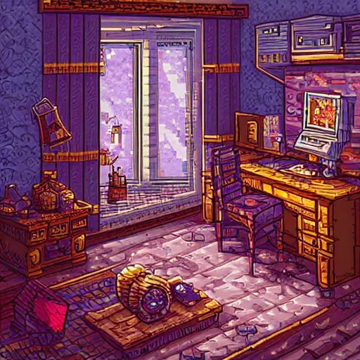 Image similar to 9 0 s bedroom, beautiful detailed pixelart by albertov, intricate details, beautiful, dithered gradients, volumetric lighting, cgsociety, artstation, smooth, sharp focus, 2 d illustration, amazing art by dan mumford, old school computer game graphics, crpg, d & d, pixel art