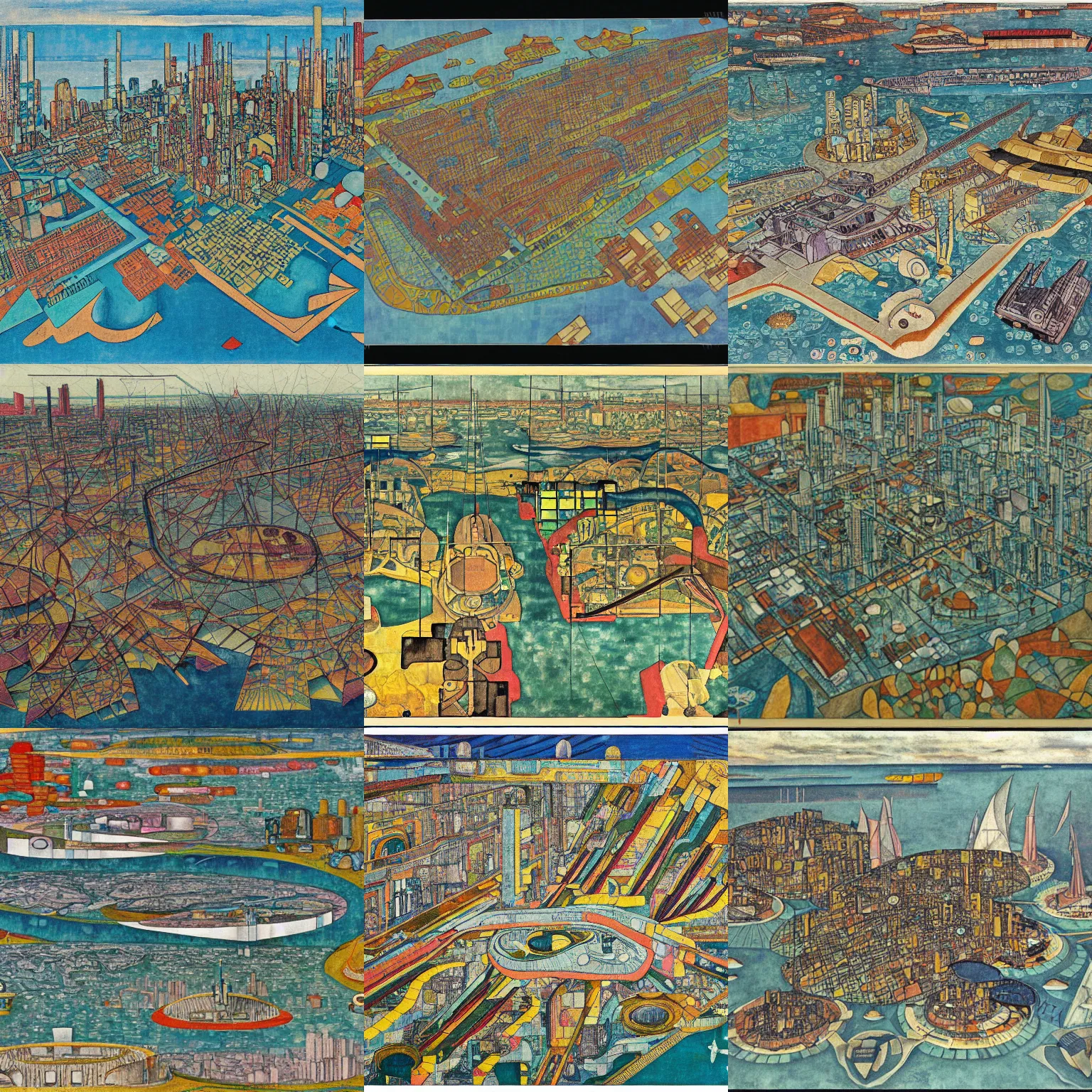 Prompt: a detailed map of a futuristic dystopian city located in an island surrounded by water with a few flying ships stationed around it, in the style of diego rivera schiele, full color, exploded view, sharp focus