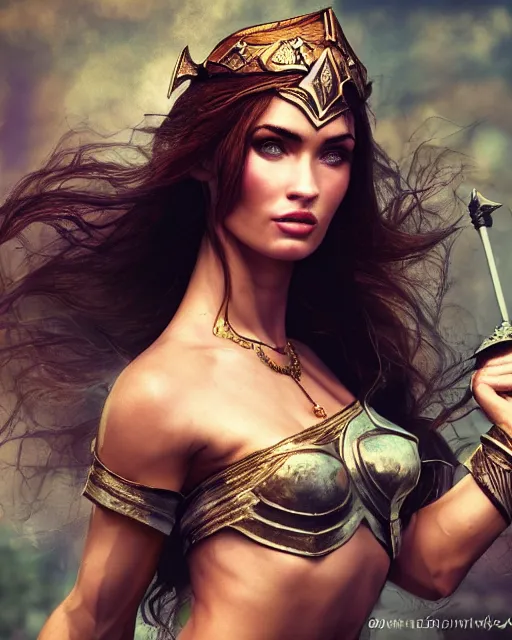 Prompt: photorealistic head and shoulders photo of beautiful victorian female ornate fantasy greek elf spartan warrior goddess, megan fox, wind blown hair, seductive, confident, Neil Blevins, Frank frazetta, arney freytag, Magic the gathering,octane, bokeh, 8k, fashion pose, cinematic, 28mm