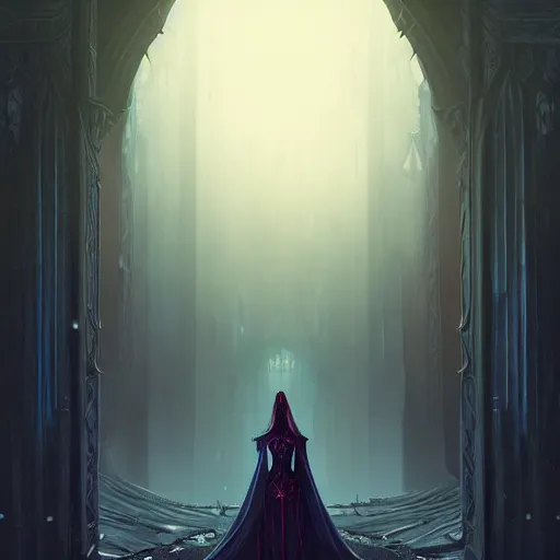 Prompt: the beautiful ageless queen of vampires dressed in an elaborate gothic gown, matte fantasy painting, detailed portrait, cinematic lighting, deviantart artstation by brom, by greg rutkowski, by alena aenami, rendered in octane, bokeh
