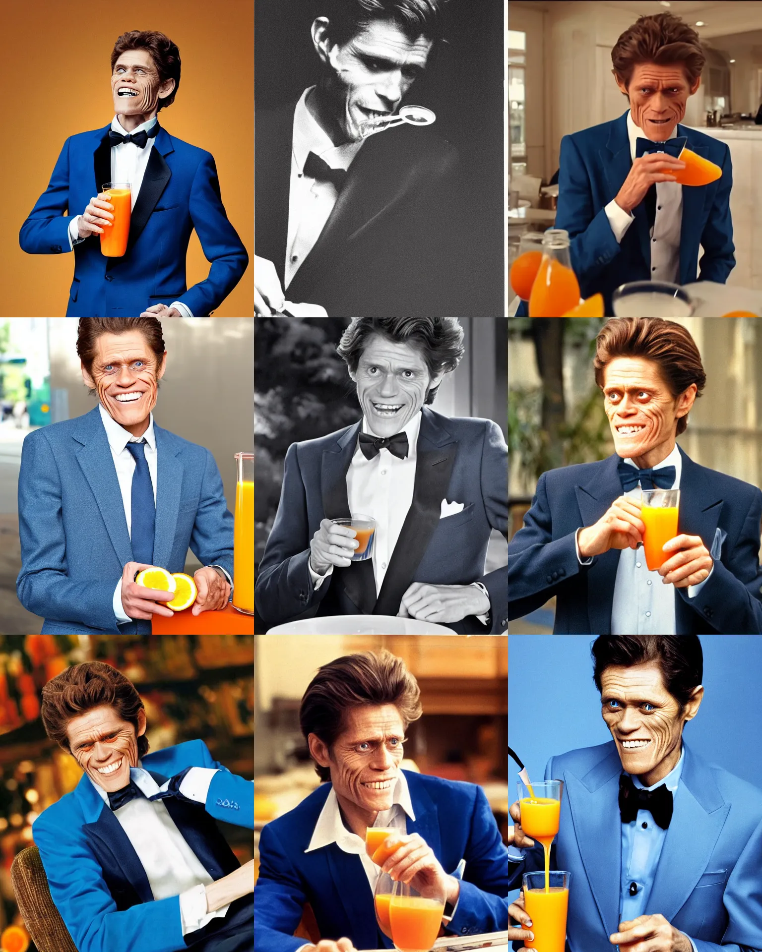 Prompt: young willem dafoe wearing blue tuxedo happily drinking orange juice, spilling juice, orange juice stains on jacket, 2 0 1 5 viral product advertisement hd, commercial banner, english text