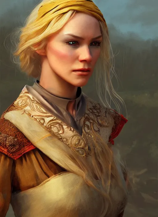 Image similar to blonde peasant woman, fantasy, medieval, vivid colors, fantasy, elegant, concept art, sharp focus, beautiful face!!, digital art, hyper - realistic, 4 k, unreal engine, highly detailed, hd, dramatic lighting by brom, trending on artstation