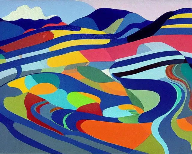 Image similar to A wild, insane, modernist landscape painting. Wild energy patterns rippling in all directions. Curves, organic, zig-zags. Saturated color. Mountains. Clouds. Rushing water. Wayne Thiebaud. Lisa Yuskavage landscape.