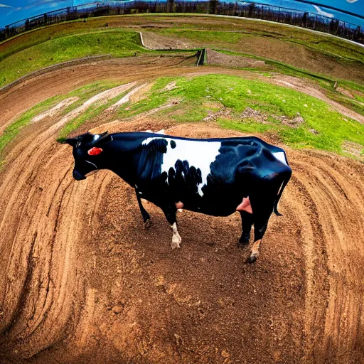 Image similar to a cow standing on a motocross track, fisheye lens