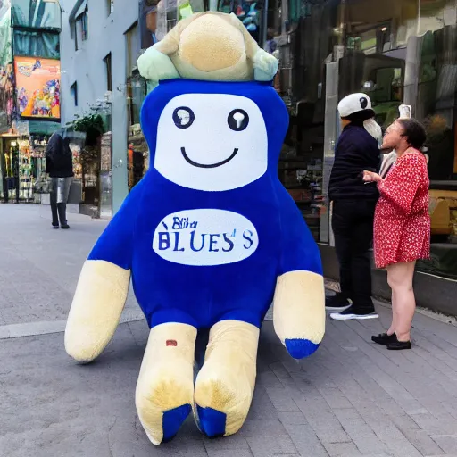 Image similar to blue'snappy gifts'human - sized plush doll, on sidewalk, giving gifts to people, happy atmosphere, high detail, soft lighting, 8 k