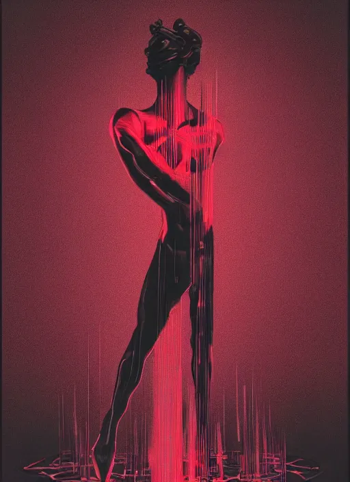 Image similar to elegant dark design poster showing a greco roman statue, black background with very subtle red and purple design elements, powerful, nekro, vito acconci, thin straight lines, dark, glitch art, neo vaporwave, gritty, layout frame, square, extremly detailed, trending on artstation