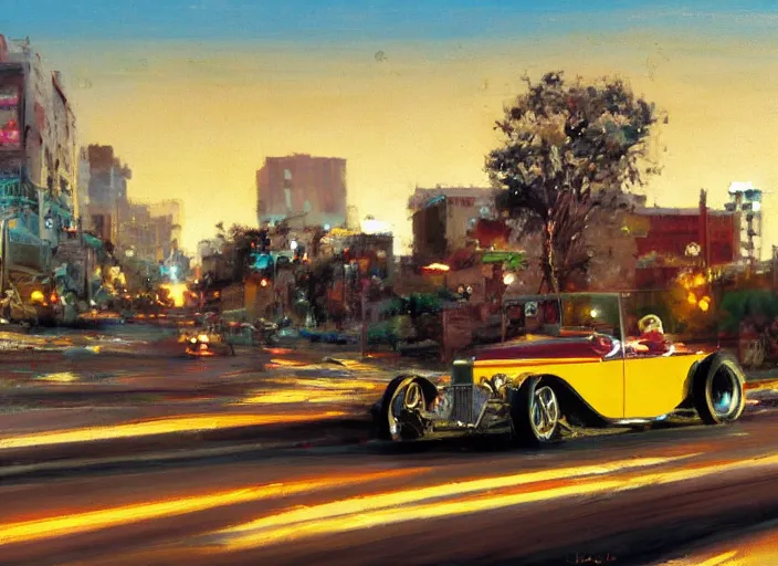 Prompt: hotrods driving down a street , vintage, high detail, golden hour, 8K, by John Berkey