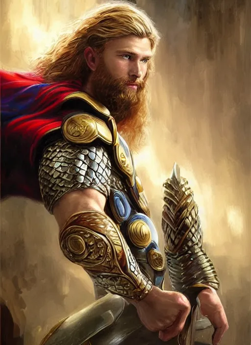 Image similar to a professional painting of a young Thor, wearing an ornate, muscle revealing, detailed, intricate golden armor, olive skin, long dark hair, intricate, elegant, digital painting, concept art, smooth, nice background bokeh, illustration, from StarCraft by Ruan Jia and Mandy Jurgens and Artgerm and William-Adolphe Bouguerea