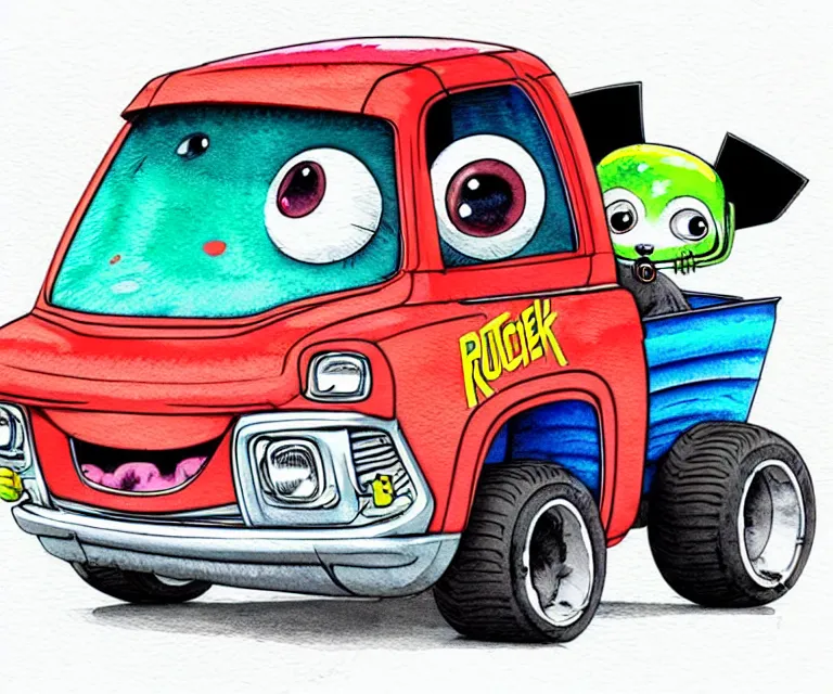 Image similar to cute and funny, racoon wearing a helmet riding in a tiny hot rod shortbed chevy truck with oversized engine, ratfink style by ed roth, centered award winning watercolor pen illustration, isometric illustration by chihiro iwasaki, edited by range murata