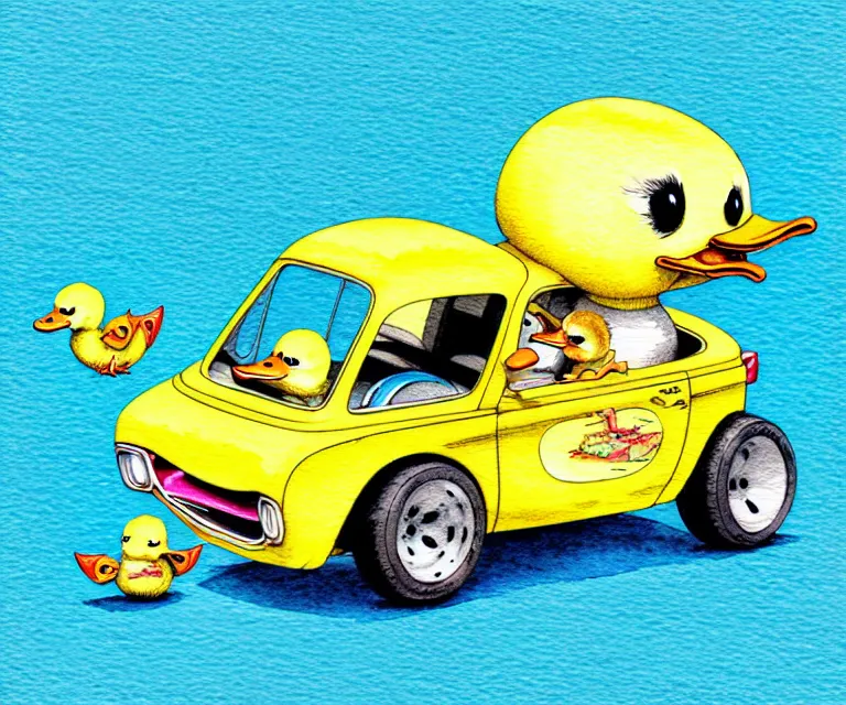 Image similar to cute and funny, duckling driving a tiny hot rod with an oversized engine, ratfink style by ed roth, centered award winning watercolor pen illustration, isometric illustration by chihiro iwasaki, edited by craola, tiny details by artgerm and watercolor girl, symmetrically isometrically centered