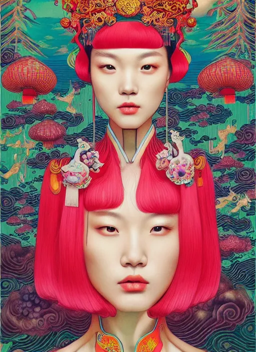 Image similar to pretty chinese model with hallucination mushroom : : by martine johanna and simon stalenhag and chie yoshii and casey weldon and wlop : : ornate, dynamic, particulate, rich colors, intricate, elegant, highly detailed, vogue, harper's bazaar art, fashion magazine, smooth, sharp focus,