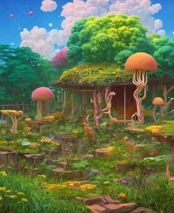 Image similar to a simple, whimsical school made from flowers, overgrown with huge exotic fungus, deep in the woods, cheerful, partly cloudy, by dan mumford, yusuke murata, makoto shinkai, ross tran, dreamy, cinematic, unreal engine, cel shaded, featured on artstation, pixiv