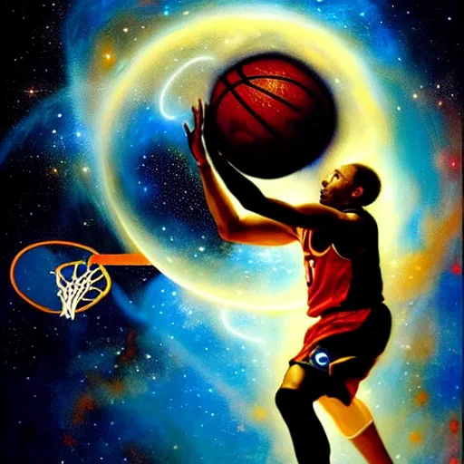 Image similar to cosmic basketball player dunking a basketball hoop in a nebula, an oil painting, by ( leonardo da vinci ) and greg rutkowski and rafal olbinski and ross tran, award - winning magazine cover