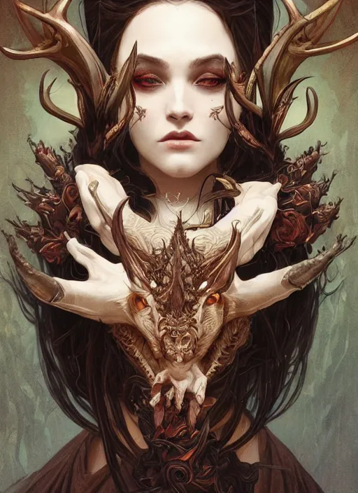 Image similar to a beautiful illustration of a satanic witch with horns in head holding a dragon, intricate, sharp focus, illustration, highly detailed, digital painting, concept art, matte, art by wlop and artgerm and greg rutkowski and alphonse mucha, masterpiece