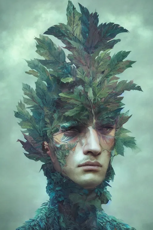 Image similar to portrait of a man made of a leaves, by artgerm, tom bagshaw, gerald brom, vaporwave colors, lo - fi colors, vaporwave, lo - fi, moody vibe, goth vibe, 4 k, hd,