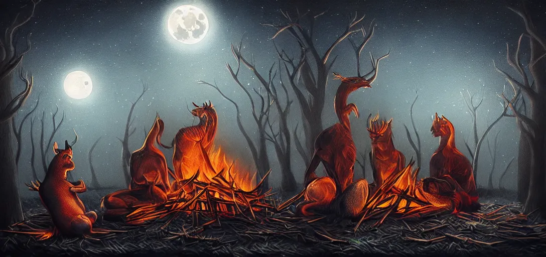 Image similar to strange mythical beasts of sitting around a fire under a full moon, surreal dark uncanny painting by ronny khalil