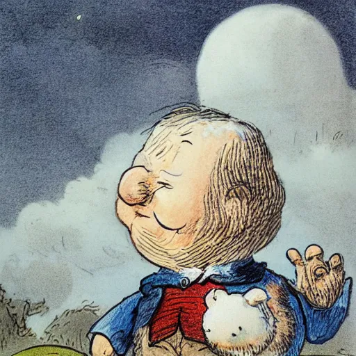 Image similar to candid portrait of white ball in the sky with man's face smiling eyes closed, surrounded by clouds, illustrated by peggy fortnum and beatrix potter and sir john tenniel