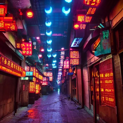 Image similar to an alleyway in Chongqing!!! China, Night, neon light, advertisement!!!!!, octane render, aesthetic!!!!!