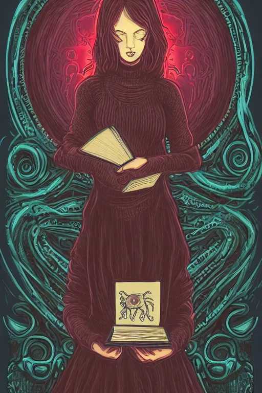 Prompt: ai illustration of romantic girl, her cat and her book of necronomicon, symmetrical, cinematic, sharp focus, 4 k, ultra hd, sense of awe, sinister demonic atmosphere, dreadful, forbidden knowledge, old gods, cthulhu, yog - sothoth! yah, yah, yah! cultist journal cover