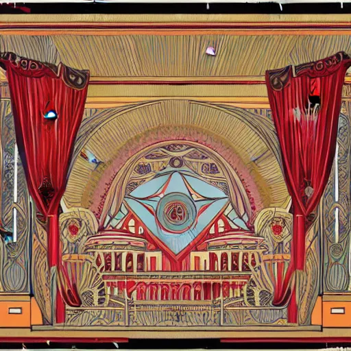 Prompt: symmetrical mural painting from the early 1 9 0 0 s in the style of art nouveau, red curtains, art nouveau design elements, art nouveau ornament, scrolls, flowers, flower petals, rose, opera house architectural elements, mucha, masonic symbols, masonic lodge, joseph maria olbrich, simple, iconic, graphic, masonic art, masterpiece