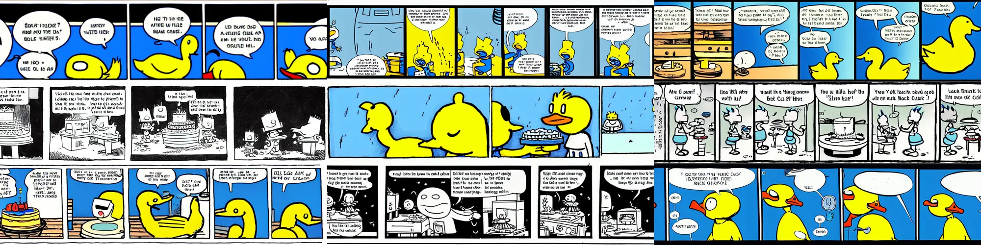 Prompt: short cartoon strip, blue robot bakes a cake for yellow duck, by bill watterson