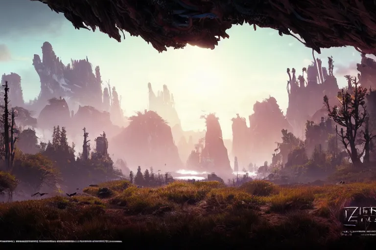 Image similar to wide epic shot from horizon forbidden west with a view on a hyper detailed organic mechanic creatuve realistic similar look as horizon forbidden west horizon zero dawn, bioluminiscence in a dark deep forest at dawn in spring, with reflection and textures, by kilian eng, substance painter realistic mech surface metal painted scratches, world env from horizon forbidden west horizon zero dawn