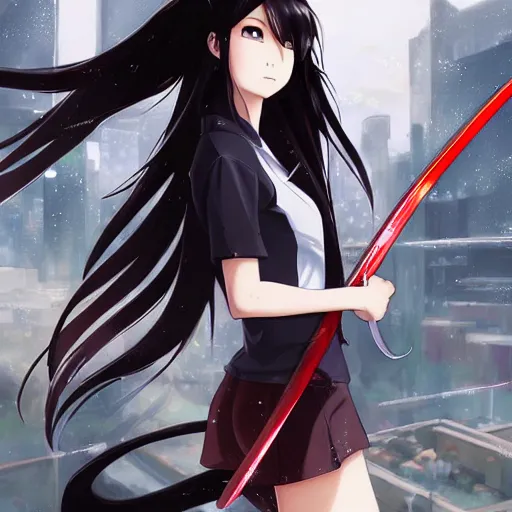 Image similar to advanced digital anime art, girl with silver and red eyes with long black hair wielding a katana , painted by RossDraws in the style of Makoto Shinkai, ,cyberpunk, very high detail, medium sensor , Gaussian blur, f/15 , 35mm —W 1920 —H 1080