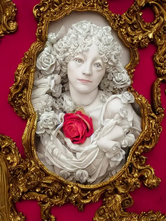 Prompt: a beautiful portrait render of a recatholic rococo roses veiled red queen sculpture,with baroque symmetry intricate detailed ,heart,pray,love,crystal-embellished,by Daveed Benito,LEdmund Leighton,Virginie Ropars,aaron horkey,Billelis,trending on pinterest,hyperreal,gold,silver,ivory,maximalist,glittering,golden ratio,cinematic lighting