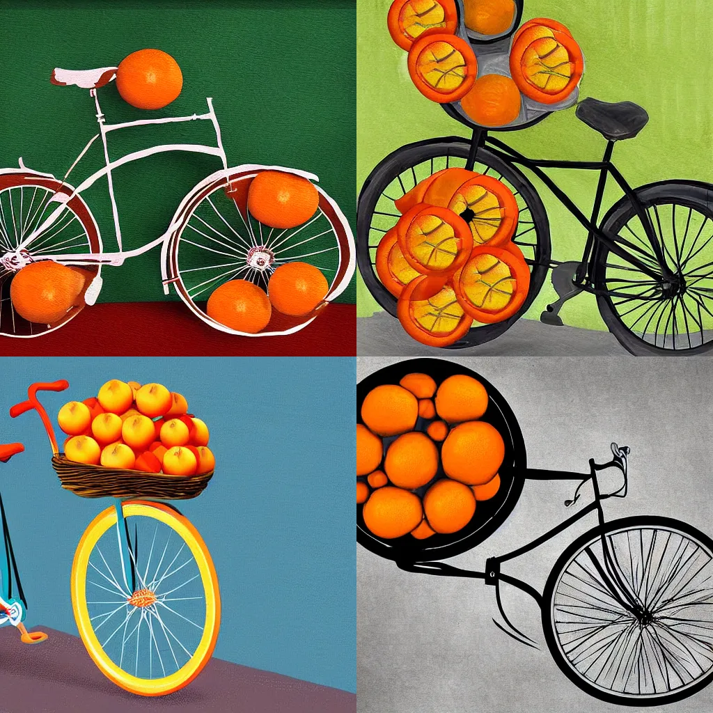 Prompt: Bicycle with oranges as wheels, digital art