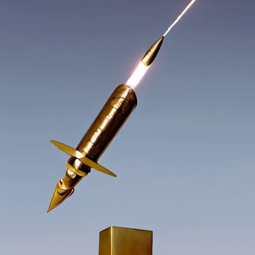 Prompt: polished bronze sculpture of a rocket launching into space, modern, minimalistic, archive museum catalog photograph, white background, high resolution sharp, high contrast, pensive