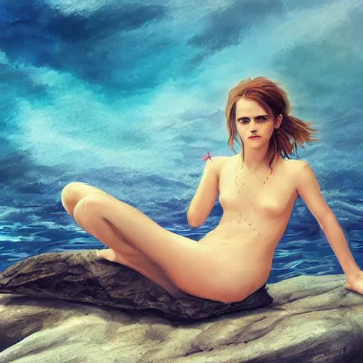 Image similar to emma watson mermaid sitting on a rock in the middle of the sea, trending on artstation, by 翼次方CG