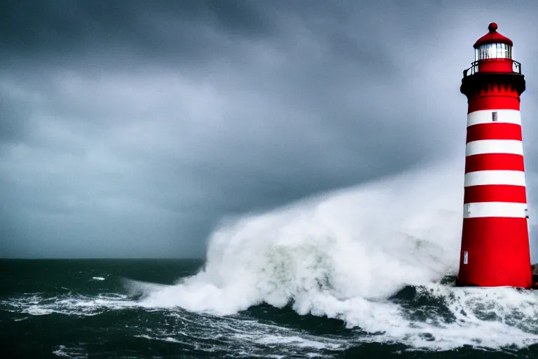 Image similar to film still of a lighthouse at bad weather with heavy waves, photography, natural light, cinematic, 8 k