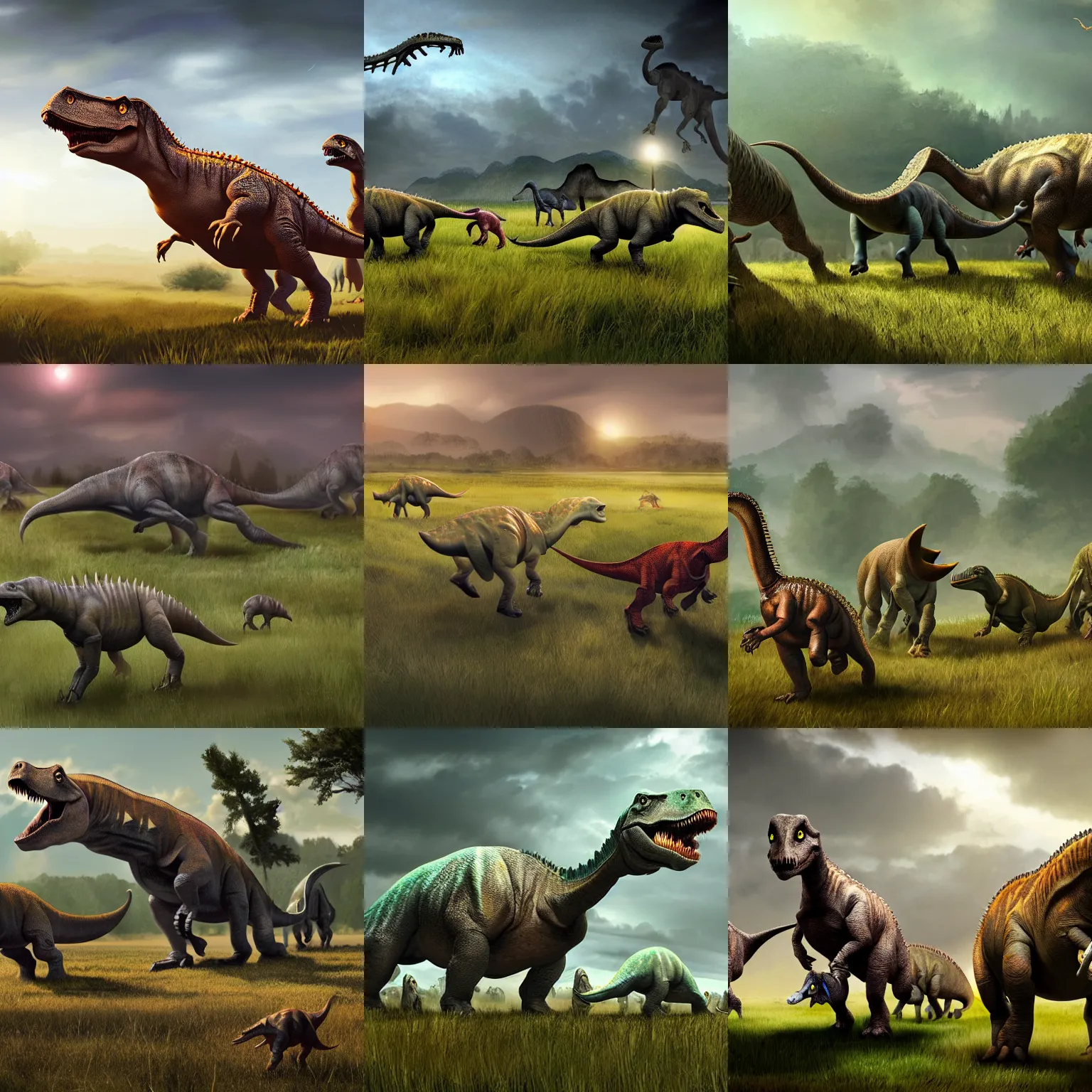 Prompt: herd of dinosaurs roaming in a field, digital concept art, cinematic lighting