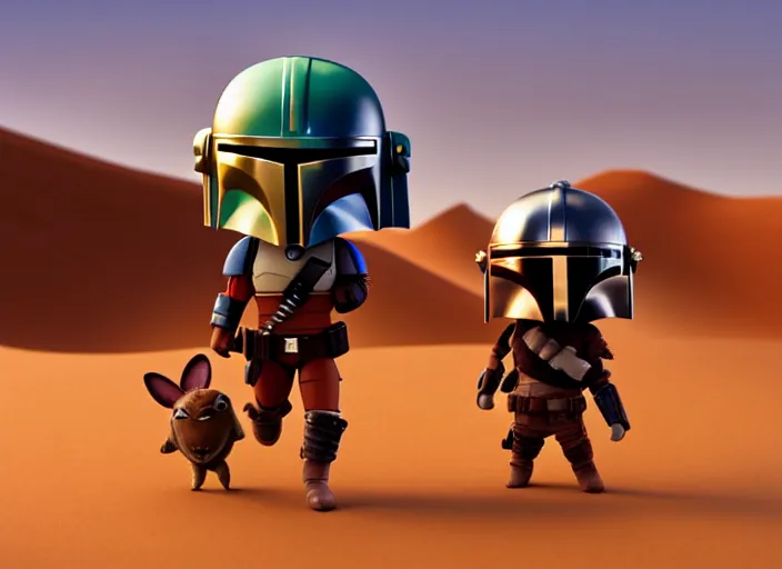 Image similar to mandalorian as nendoroid walking in a desert with two moons in the croods movie style, anime, disney, pixar, 8 k, hd, dof, kodak film, volumetric lighting, subsurface scattering, photorealistic, octane render, details