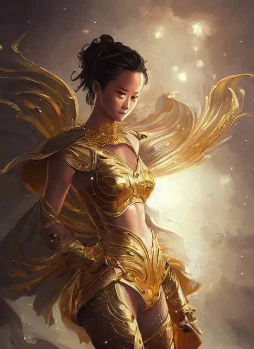 Image similar to jamie chung goddess of wealth, golden armour, elegant, highly detailed, digital painting, art station, concept art, smooth, sharp focus, illustration, art by artgerm and greg rutkowski