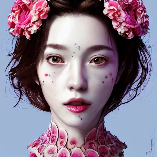 Prompt: the face of absurdly beautiful, graceful, elegant, sophisticated, sensual teary mature gravure idol made of strawberries and white pink petals with tears, an ultrafine hyperrealistic photograph by kim jung gi, irakli nadar, intricate linework, bright colors, octopath traveler, final fantasy, unreal engine highly rendered, global illumination, radiant light, intricate environment