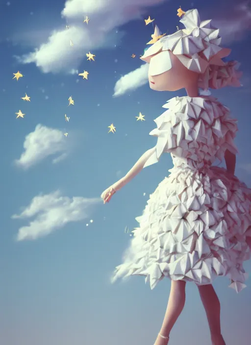 Image similar to background edge of space with puffy clouds are dusk, anthropomorphic paper woman wrapped in a flowing couture tissue paper, paper chrysanthemums, many origami stars, eery light, 3 d, very detailed, octane render, trending artstation, trending cgisociety, artgem